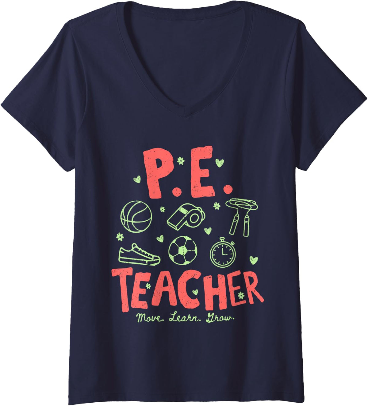 Women's P.E. Teacher Move Learn Grow Distressed Sports V-Neck T-Shirt - Navy Blue