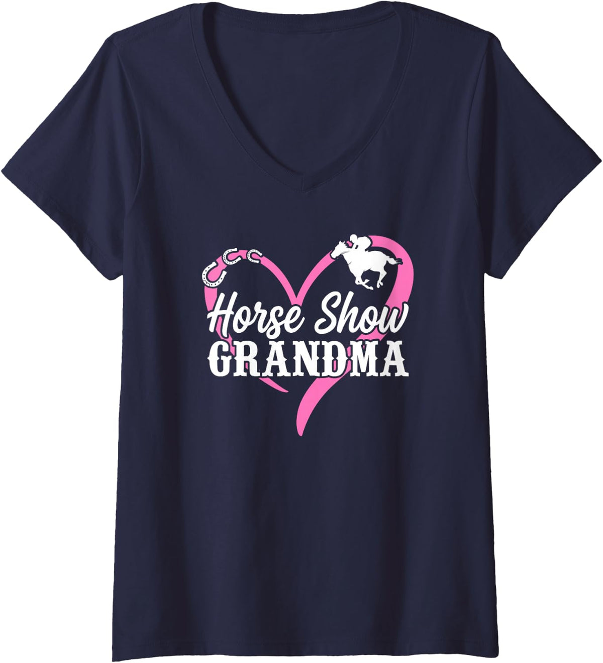 Women's Horse Show Grandma Heart Equestrian Grandmother V-Neck T-Shirt - Navy Blue
