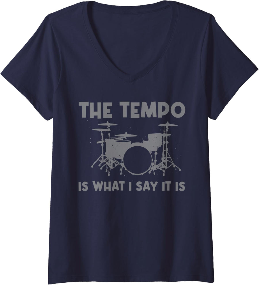Women's Funny Drumming Art for Men Women Drumline Drum Set Drummer V-Neck T-Shirt - Navy Blue