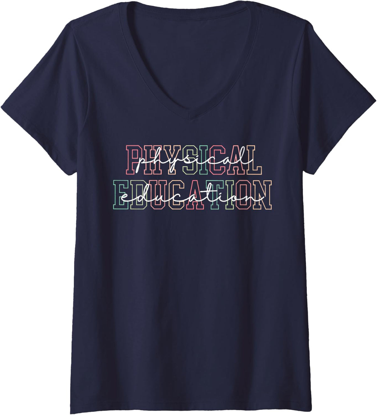 Women's Physical Education PE Teacher Coach Back to School Retro V-Neck T-Shirt - Navy Blue