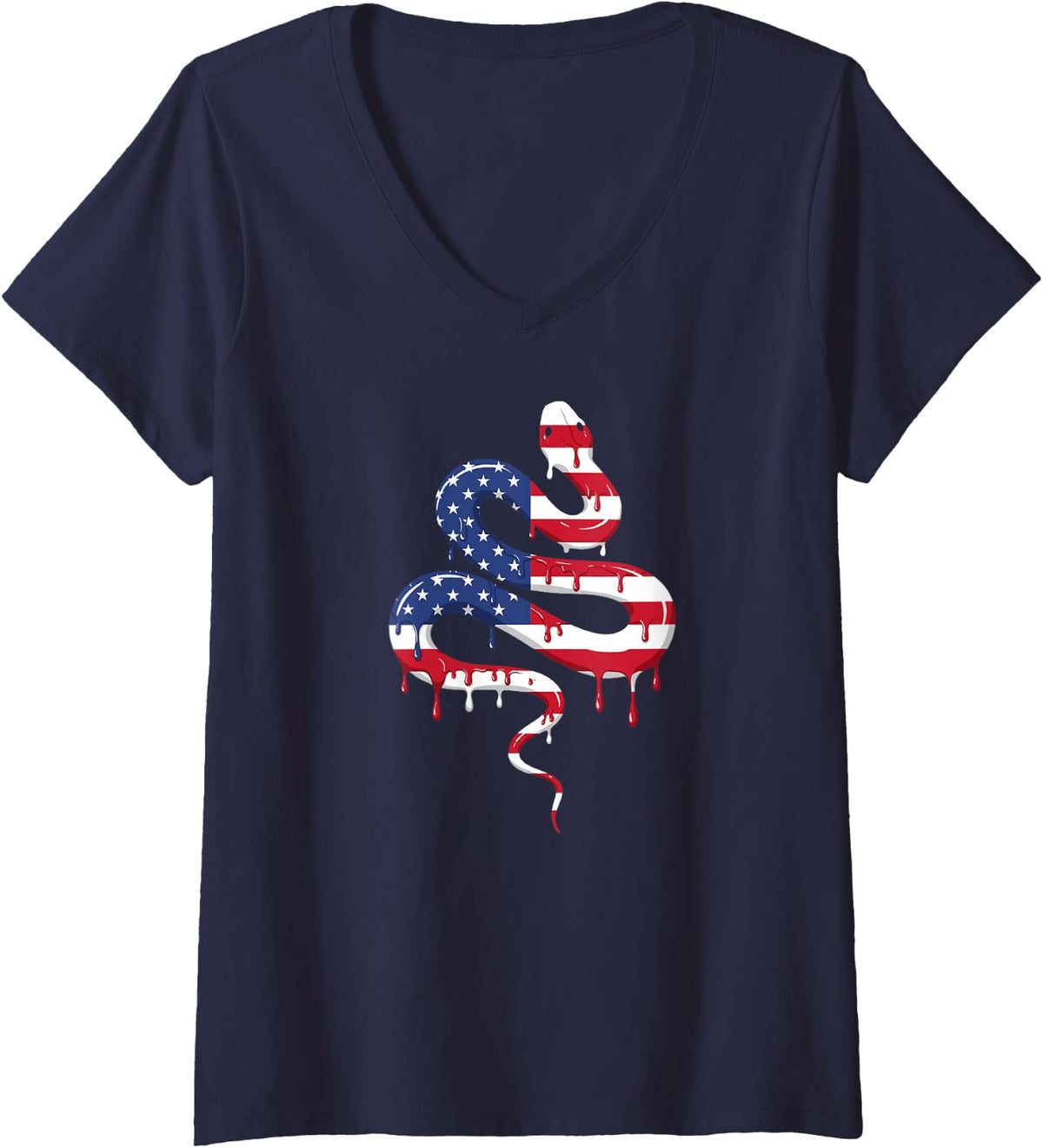Women's 4th of July Snake Ice Cream Drip American USA Flag V-Neck T-Shirt - Navy Blue