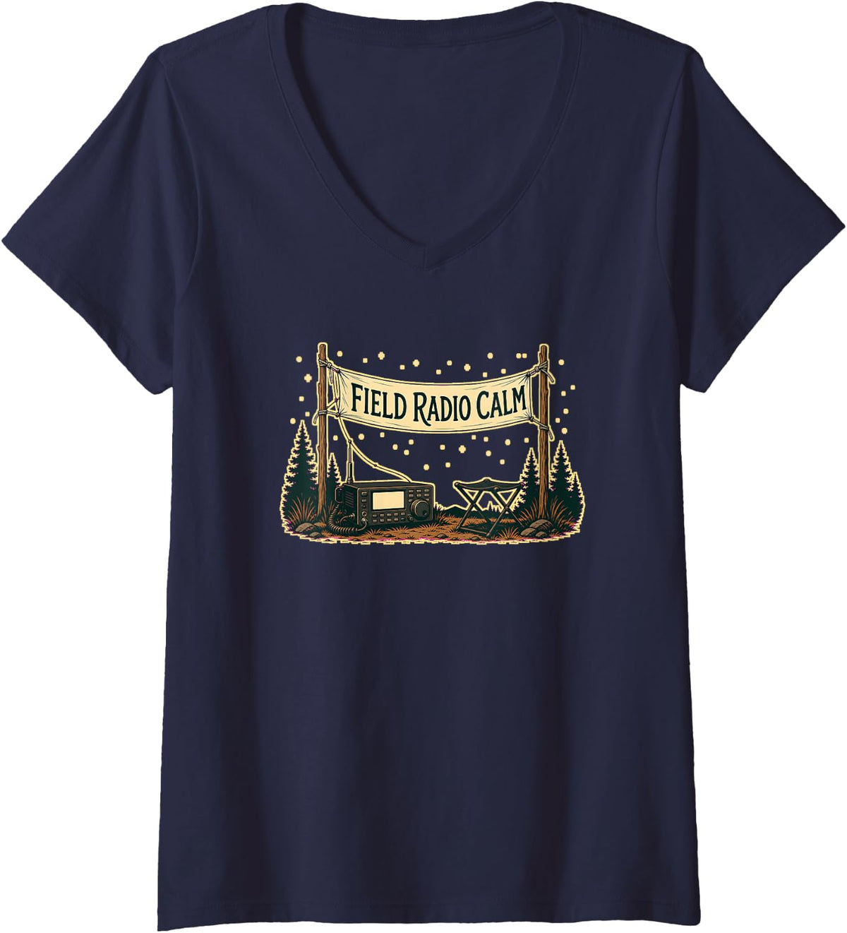 Women's Field Radio Calm Portable Receiver Forest Evening V-Neck T-Shirt - Navy Blue