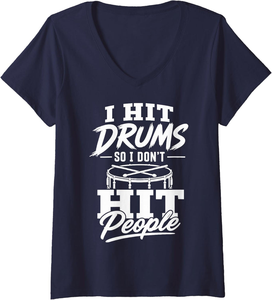 Women's Drummer Humor Percussion Drum Kit Drumming V-Neck T-Shirt - Navy Blue