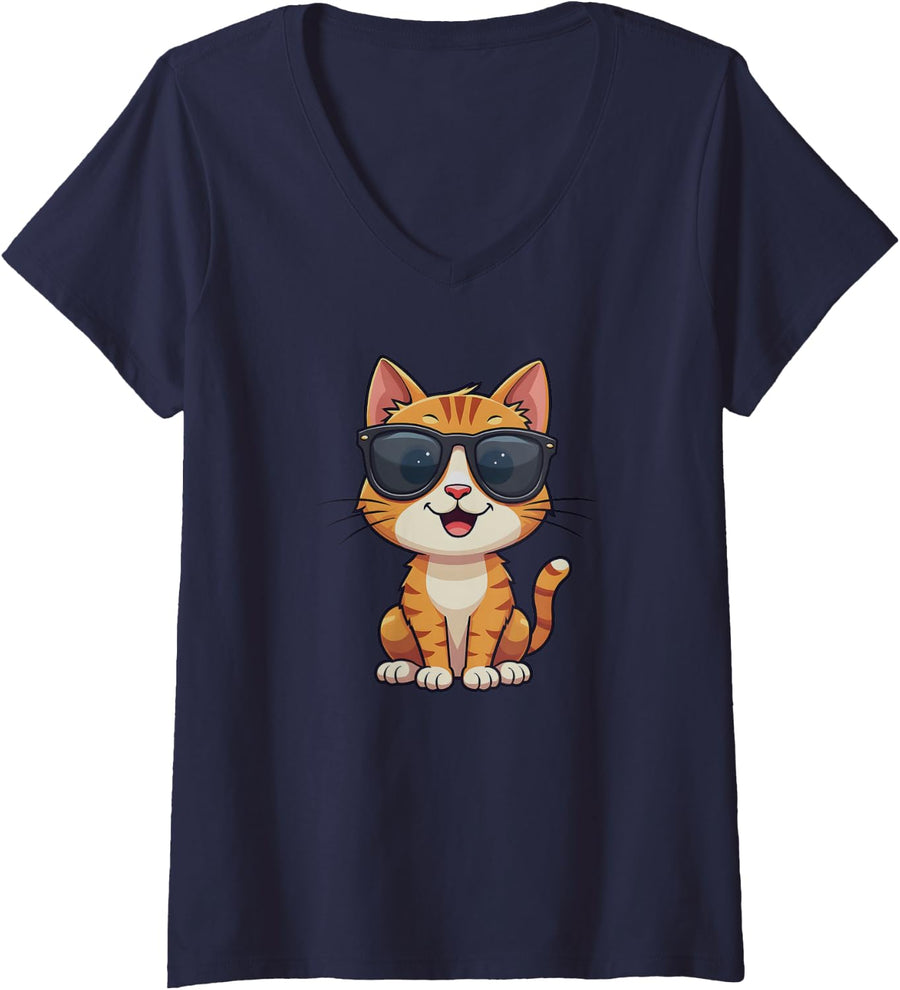 Women's Funny Orange Tabby Cat with Sunglasses V-Neck T-Shirt - Navy Blue