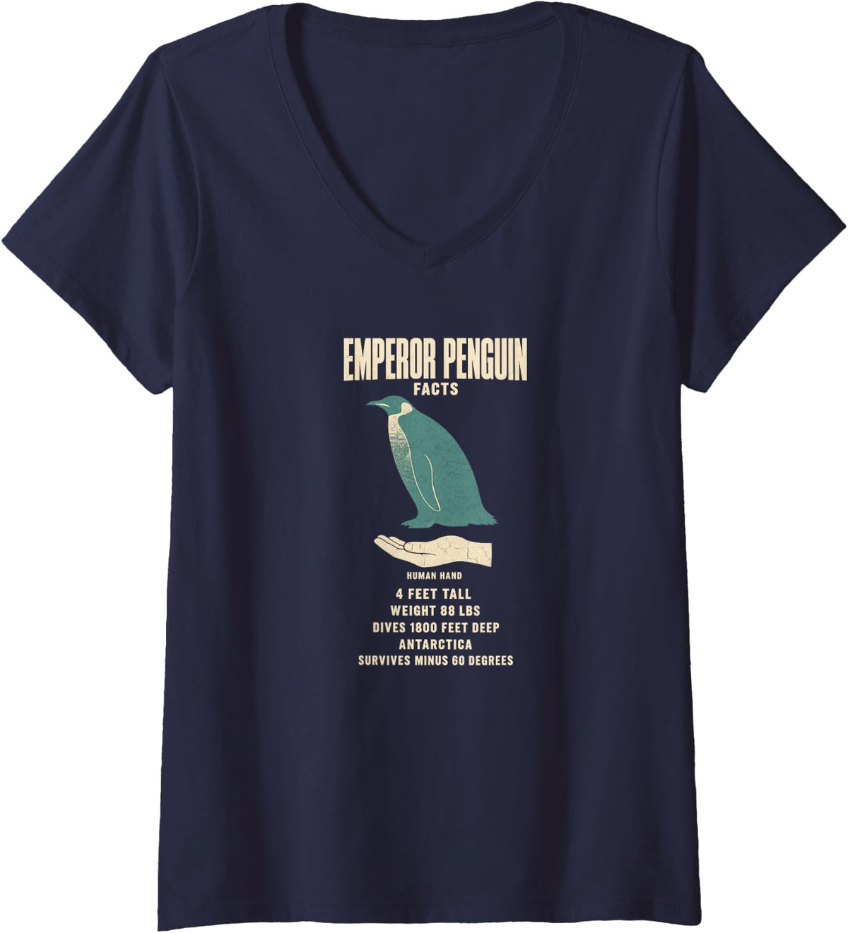 Women's Emperor Penguin Facts Animal Record Size Comparison Chart V-Neck T-Shirt - Navy Blue