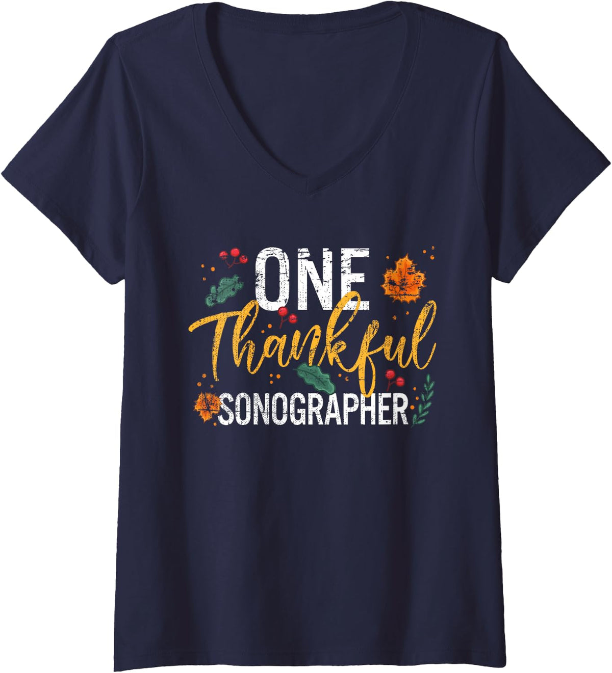 Women's One Thankful Sonographer Thanksgiving Vintage V-Neck T-Shirt - Navy Blue