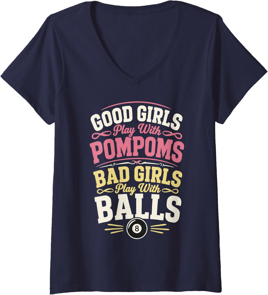 Women's Woman Billiards Girl Pool Player V-Neck T-Shirt - Navy Blue