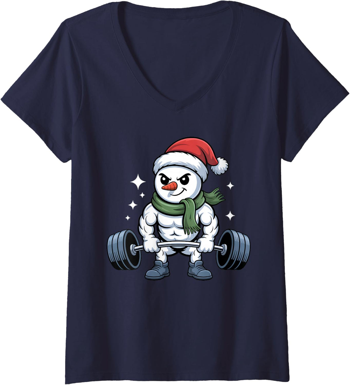 Women's Weightlifting Snowman Christmas Xmas Gym Workout Men Boys V-Neck T-Shirt - Navy Blue
