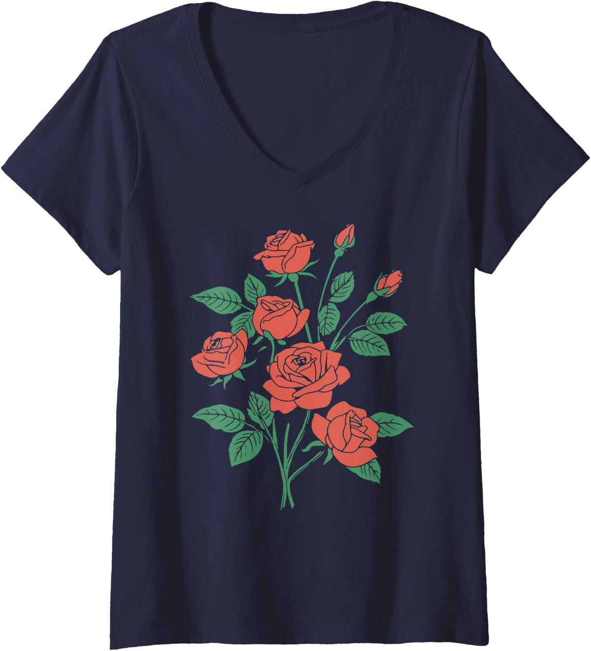 Women's Roses Vintage Cottage Aesthetic 90s Academia Dark Goth V-Neck T-Shirt - Navy Blue