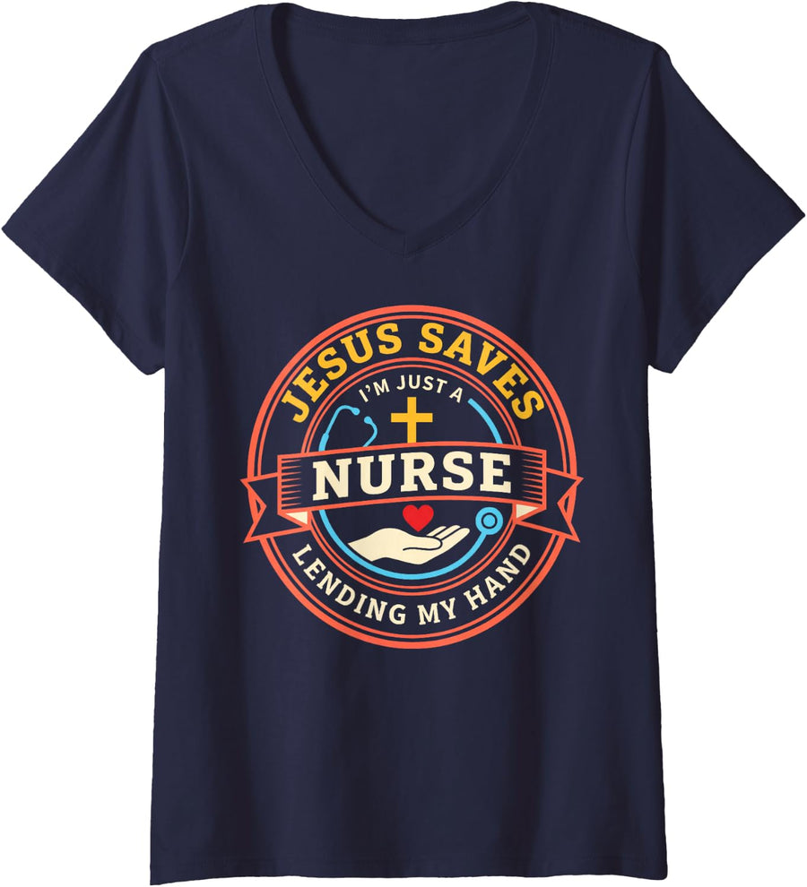 Women's Nurse Lending My Hand Jesus Faith God CNA Christian Nurse V-Neck T-Shirt - Navy Blue