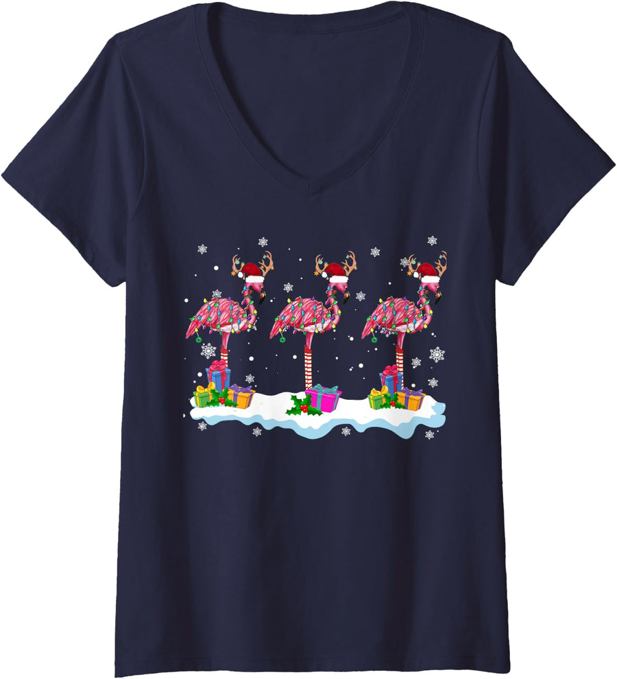 Womens Santa Flamingo Funny Christmas Lights Santa Reindeer Farmer V-Neck T-Shirt - Navy Blue