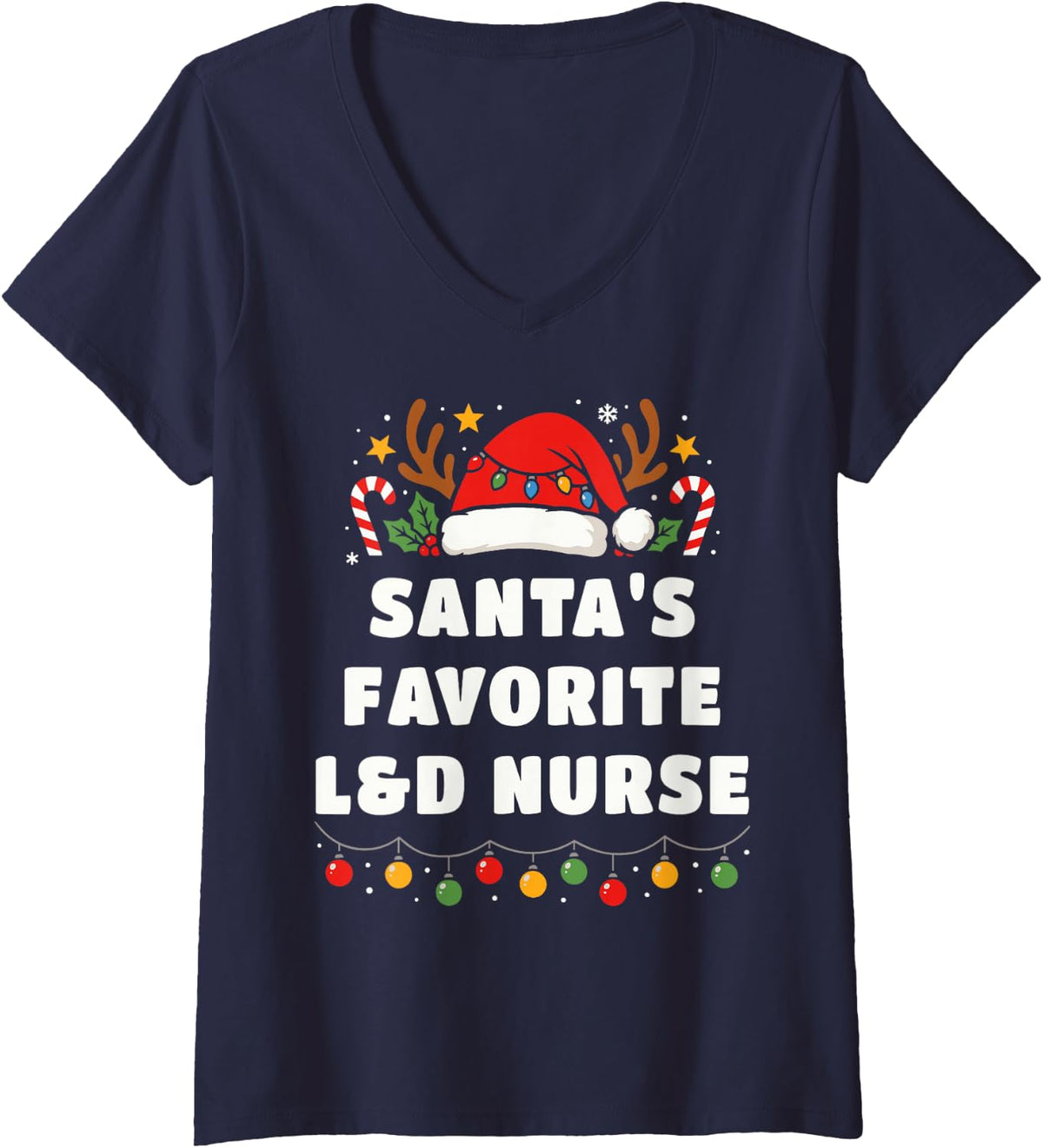 Women's Santa's Favorite Labor & Delivery Nurse Christmas Pajama V-Neck T-Shirt - Navy Blue