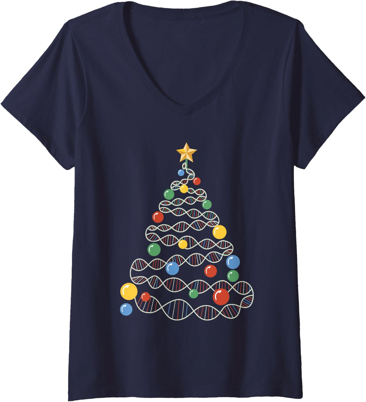 Women's DNA Christmas Tree Funny Science Puns Christmas Teacher V-Neck T-Shirt - Navy Blue