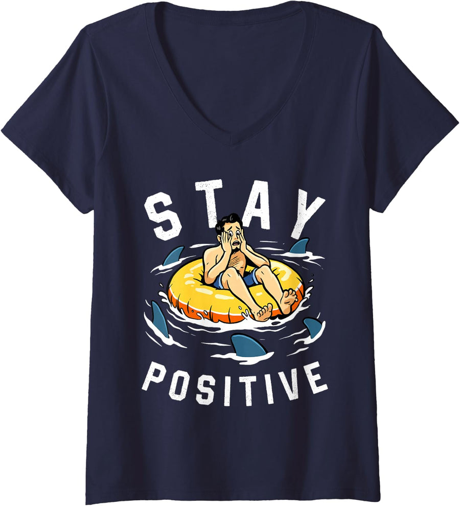 Women's Shark Shirt Stay Positive Shark Lover Wildlife Ocean Animal V-Neck T-Shirt - Navy Blue