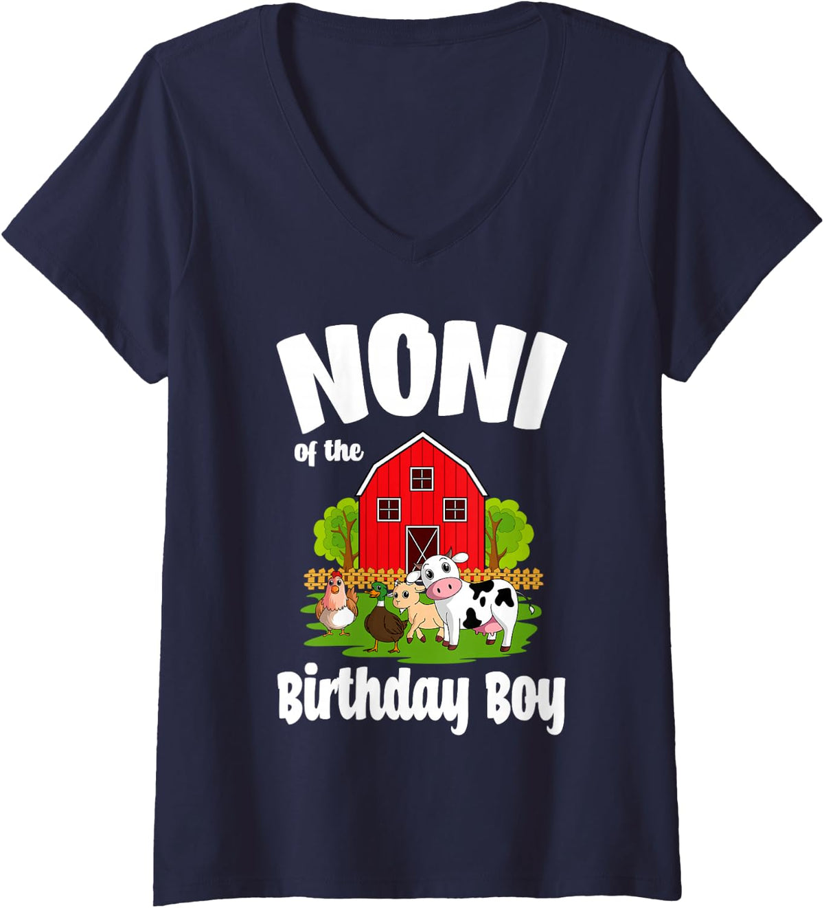 Women's Noni of The Birthday Boy Farm Animal Bday Party Celebration V-Neck T-Shirt - Navy Blue