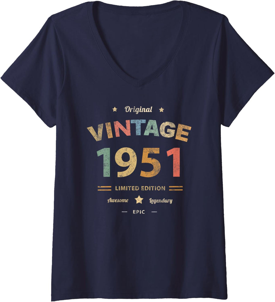 Women's Vintage 1951 Legend 75th Birthday Awesome 75 Epic Grandma V-Neck T-Shirt - Navy Blue