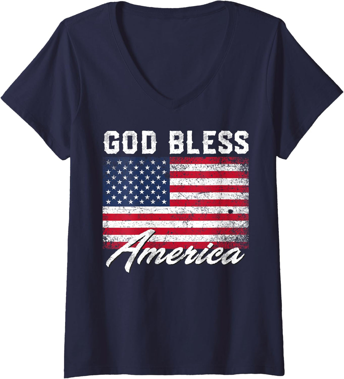 Womens God Bless America USA Flag 4th of July Patriotic V-Neck T-Shirt - Navy Blue