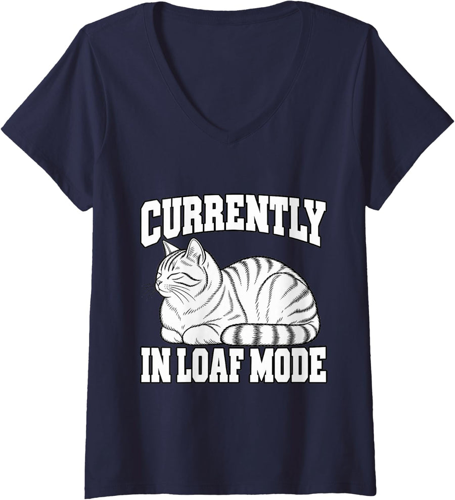 Women's Tabby Cat Currently in Loaf Mode Funny Stripes Kitten Feline V-Neck T-Shirt - Navy Blue