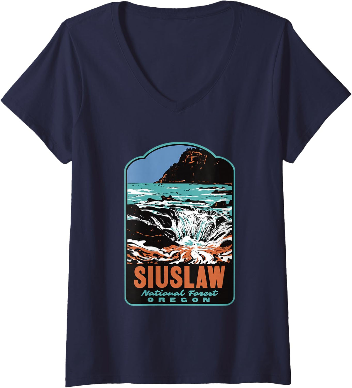 Women's Siuslaw National Forest Oregon Coast Retro Travel Art V-Neck T-Shirt - Navy Blue