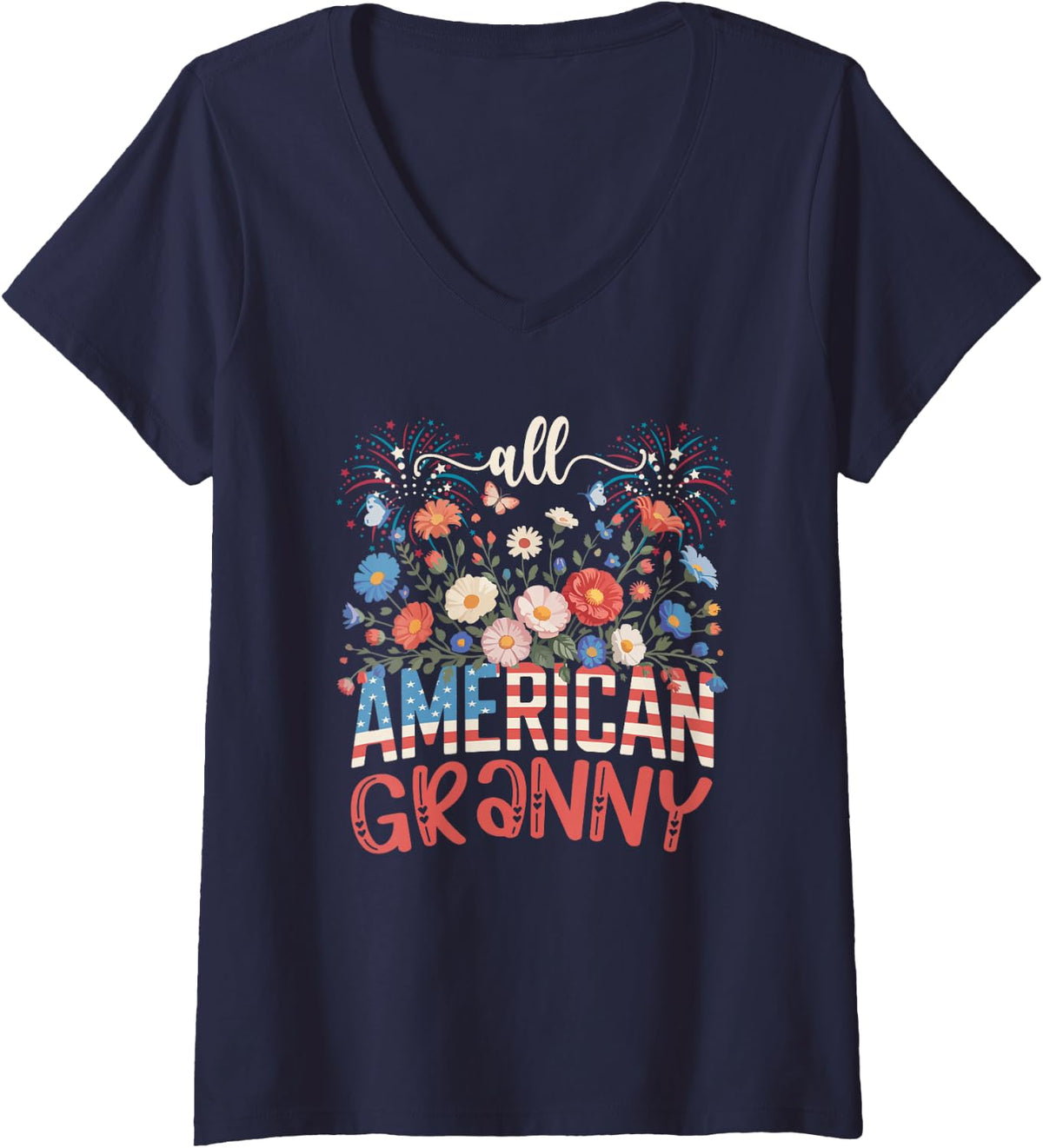 Women's Granny Proud 4th of July American US Flag Women Flowers V-Neck T-Shirt - Navy Blue