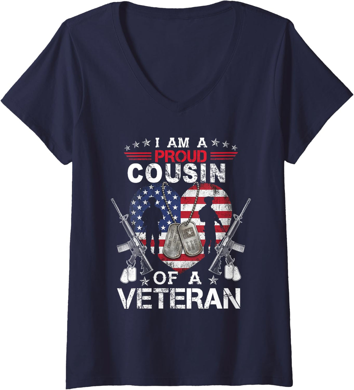 Women's Proud Cousin Veteran Nothing Scares Patriotic Veterans Day V-Neck T-Shirt - Navy Blue