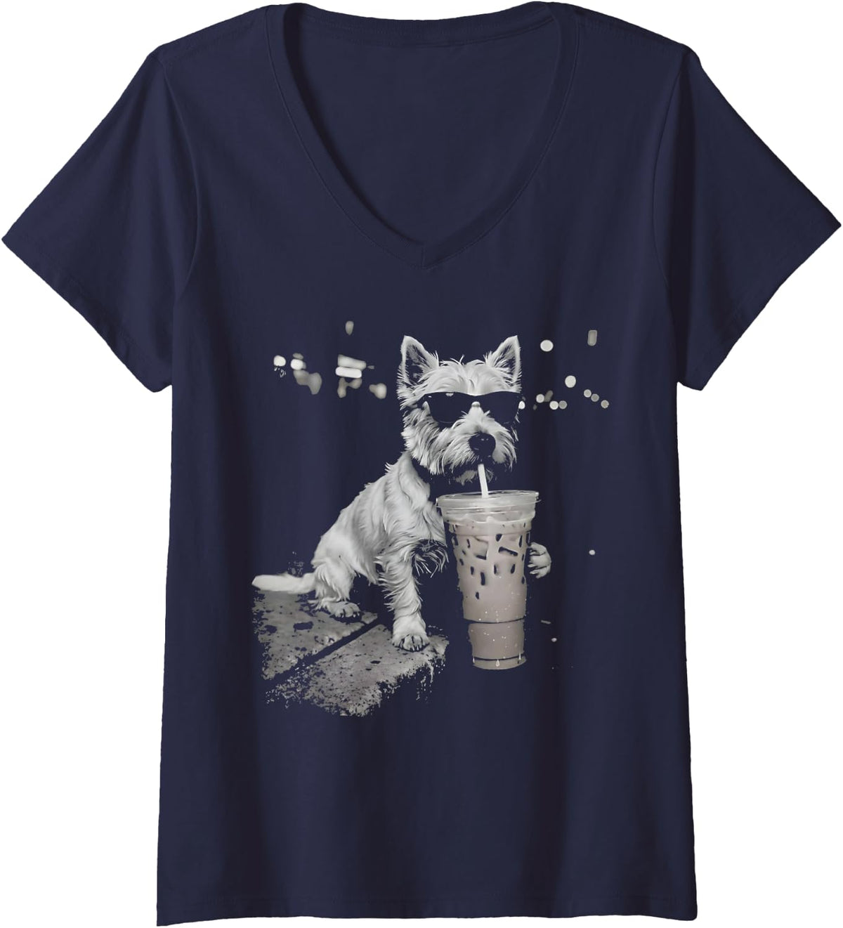 Women's Funny Dog Westie Drinking Iced Coffee Sunglasses Graphic V-Neck T-Shirt - Navy Blue