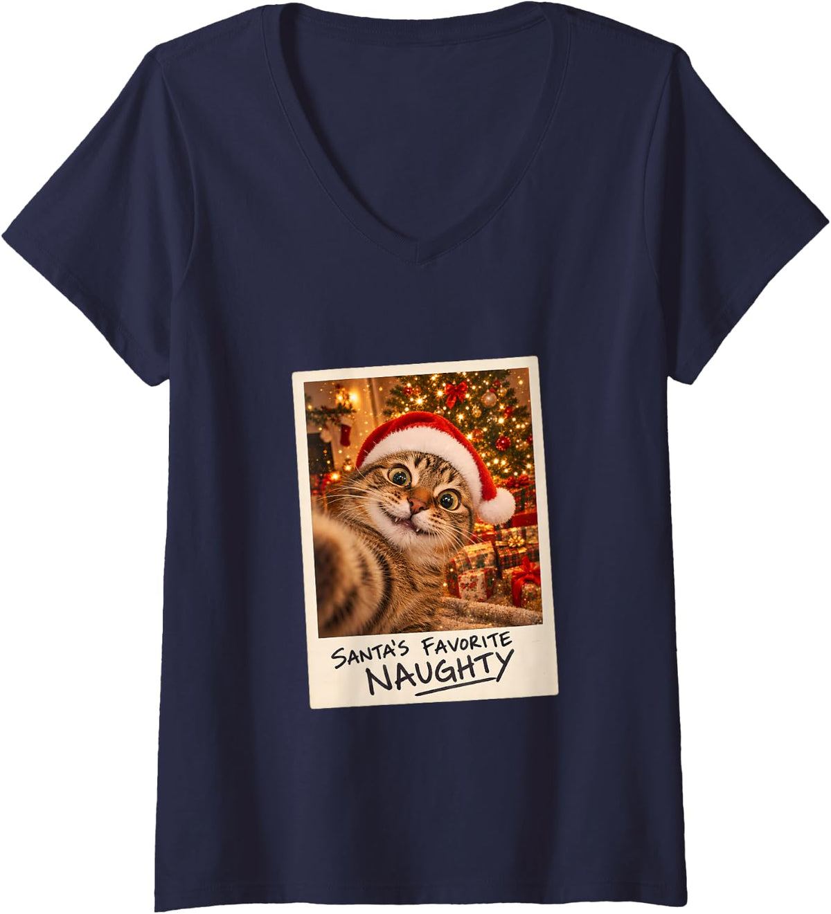 Women's Santa's Favorite Naughty Tabby Cat Selfie Funny V-Neck T-Shirt - Navy Blue