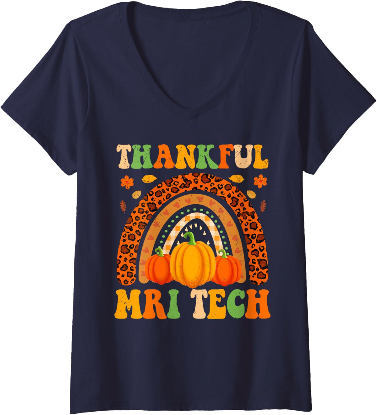 Women's Thankful MRI Tech Vintage Fall Thanksgiving V-Neck T-Shirt - Navy Blue