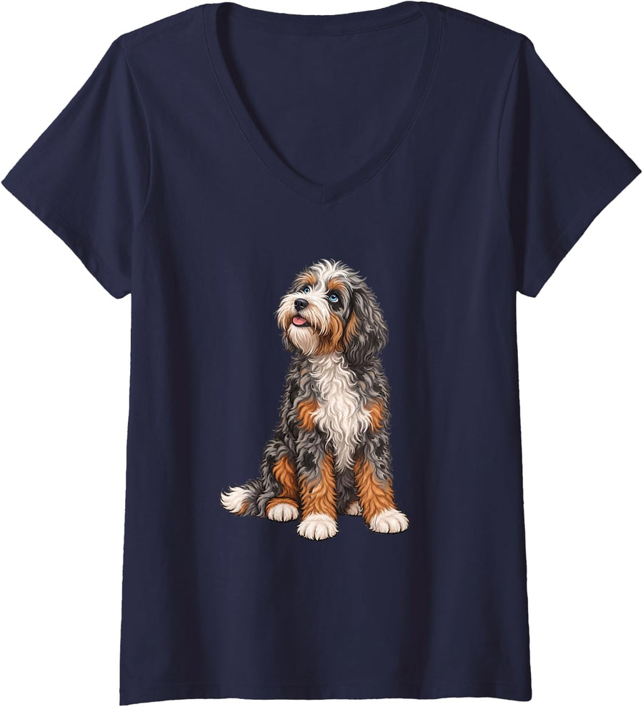 Women's Cute Womens Girls Moms Aussiepoo Aussiedoodle Dog Lover V-Neck T-Shirt - Navy Blue