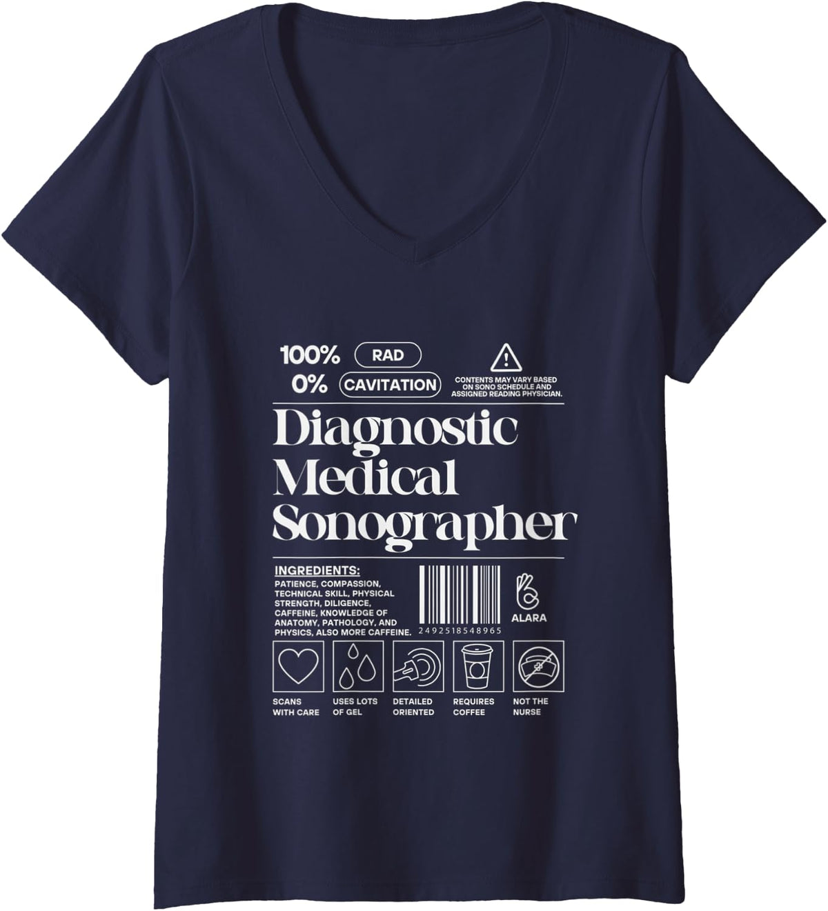 Women's Diagnostic Sonographer Label Funny Ultrasound Tech V-Neck T-Shirt - Navy Blue