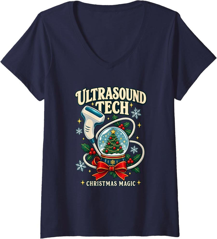 Women's Ultrasound Tech Christmas Magic Sonographer Holiday V-Neck T-Shirt - Navy Blue