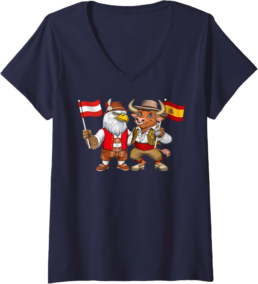 Women's Austria Spain Flag Austrian Spanish Roots Austrian Heritage V-Neck T-Shirt - Navy Blue