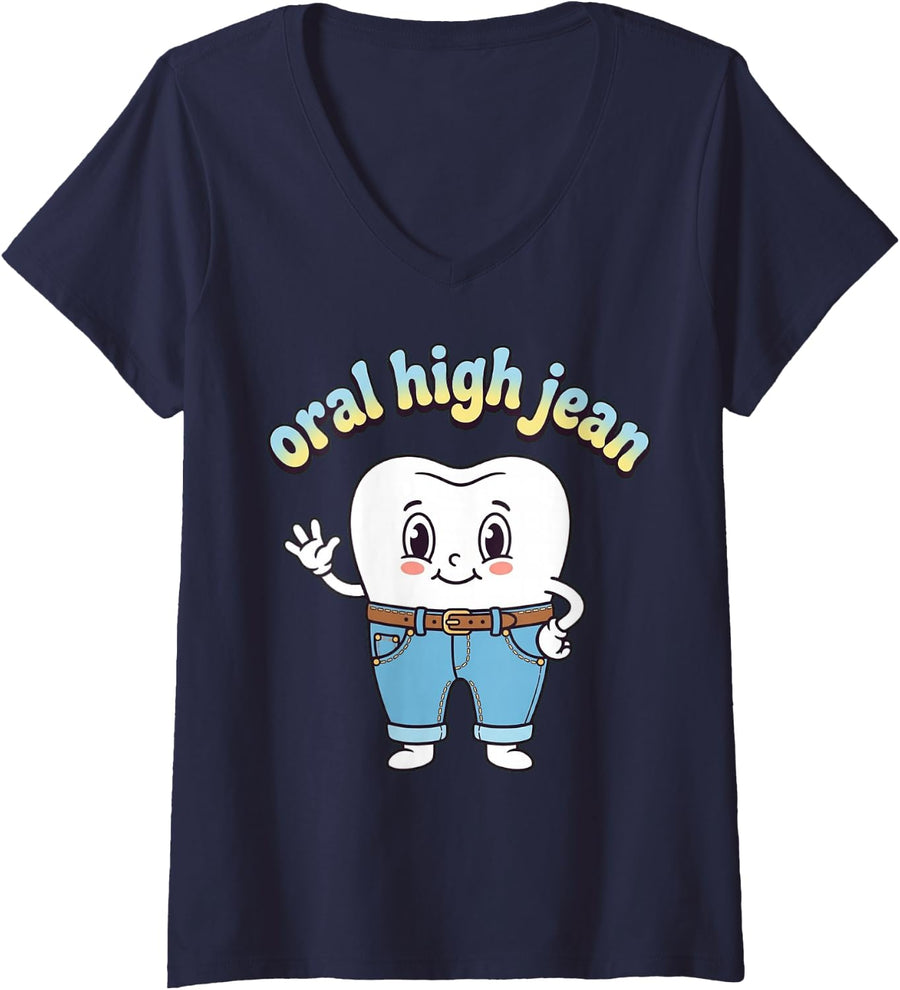 Women's Oral High Jean Dental Hygienist Funny Tooth V-Neck T-Shirt - Navy Blue