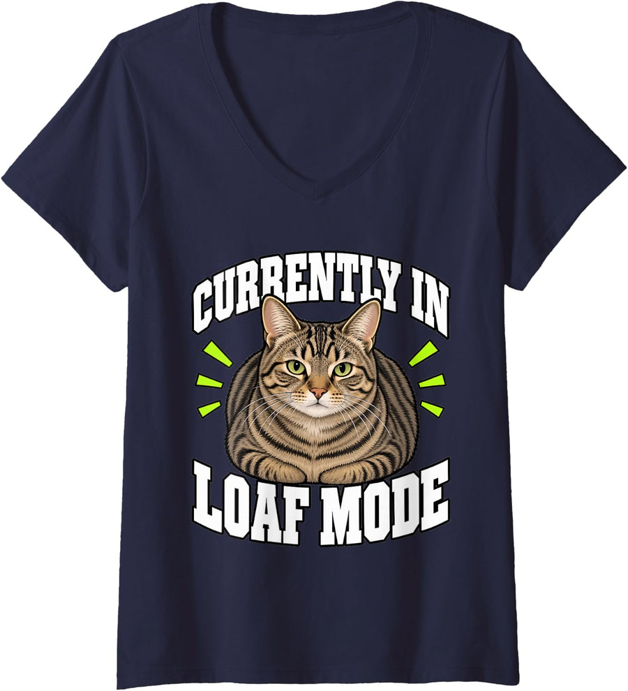 Women's Tabby Cat Currently in Loaf Mode Kitten Funny Stripes Feline V-Neck T-Shirt - Navy Blue