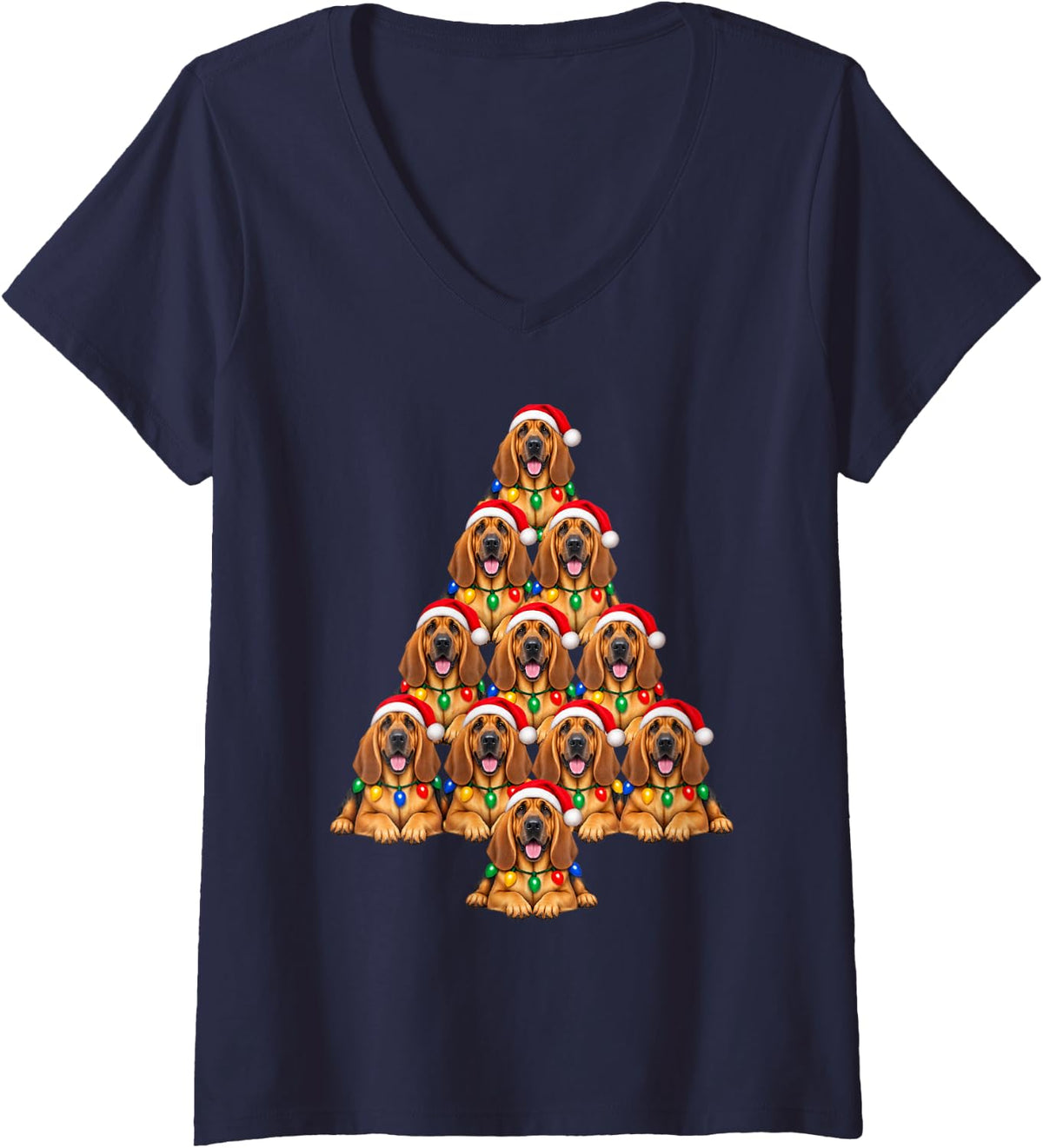 Women's Bloodhound Christmas Tree Santa Hat Pet Dogs Lover Xmas V-Neck T-Shirt - Navy Blue