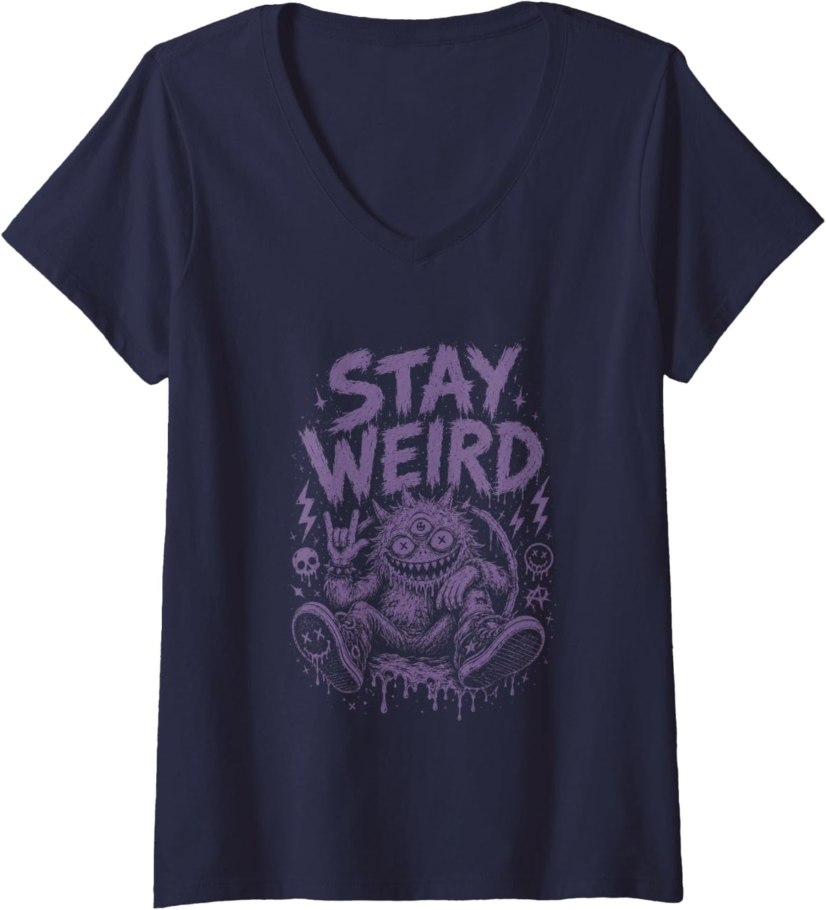Women's Stay Weird Monster Halloween Goth Funny V-Neck T-Shirt - Navy Blue