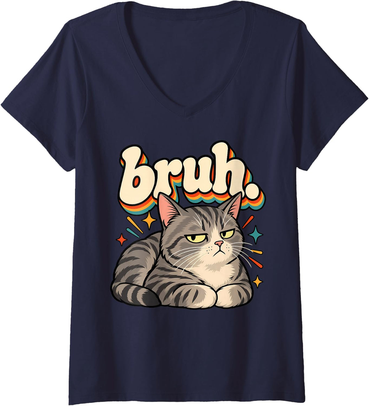 Women's Bruh Grumpy Gray Tabby Cat Funny Retro Attitude Art V-Neck T-Shirt - Navy Blue