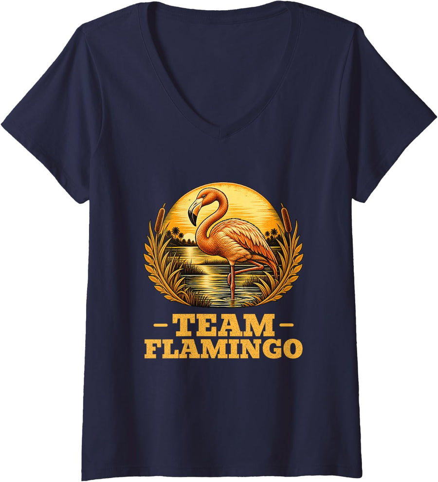 Women's Team Flamingo Vintage Bird Retro Animal Lover V-Neck T-Shirt - Navy Blue