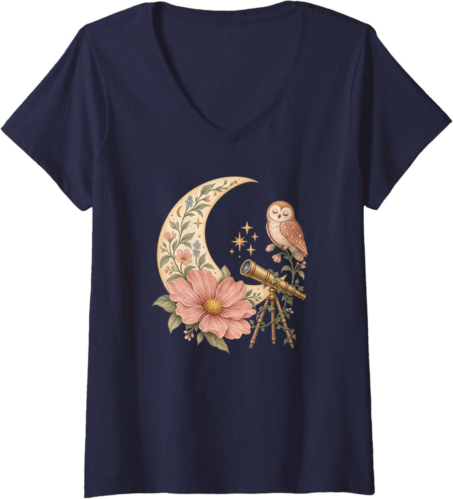 Women's Owl Telescope Moon Stargazing Cottagecore Celestial Floral V-Neck T-Shirt - Navy Blue