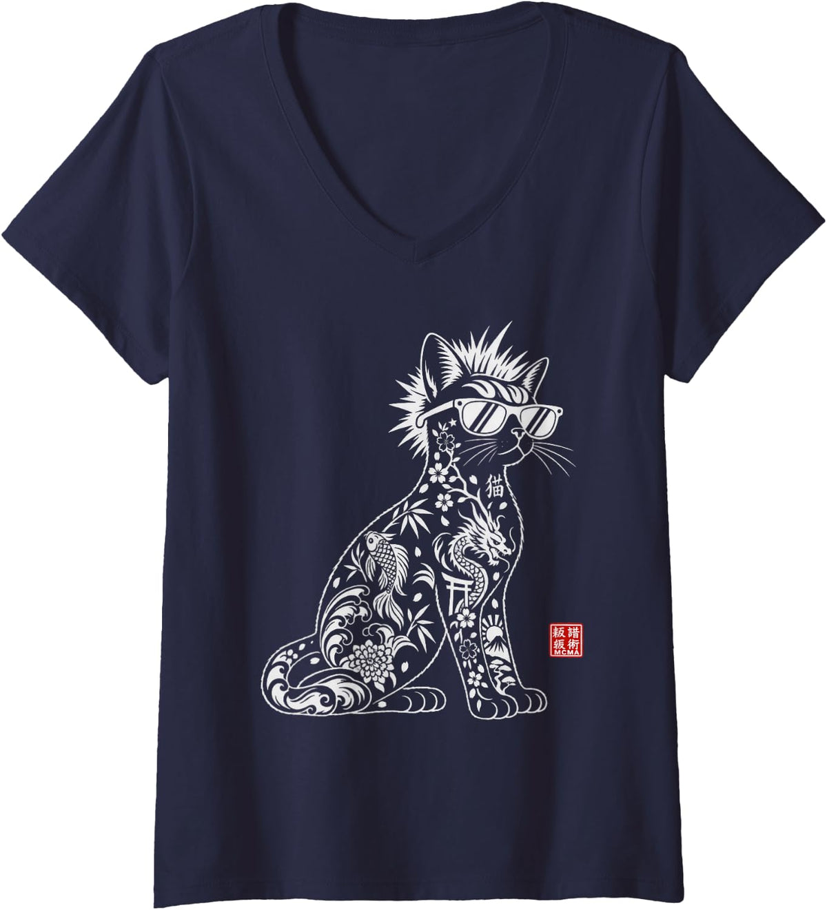 Women's Japanese Inspired Tattoo Cat Mohawk Sunglasses Art V-Neck T-Shirt - Navy Blue