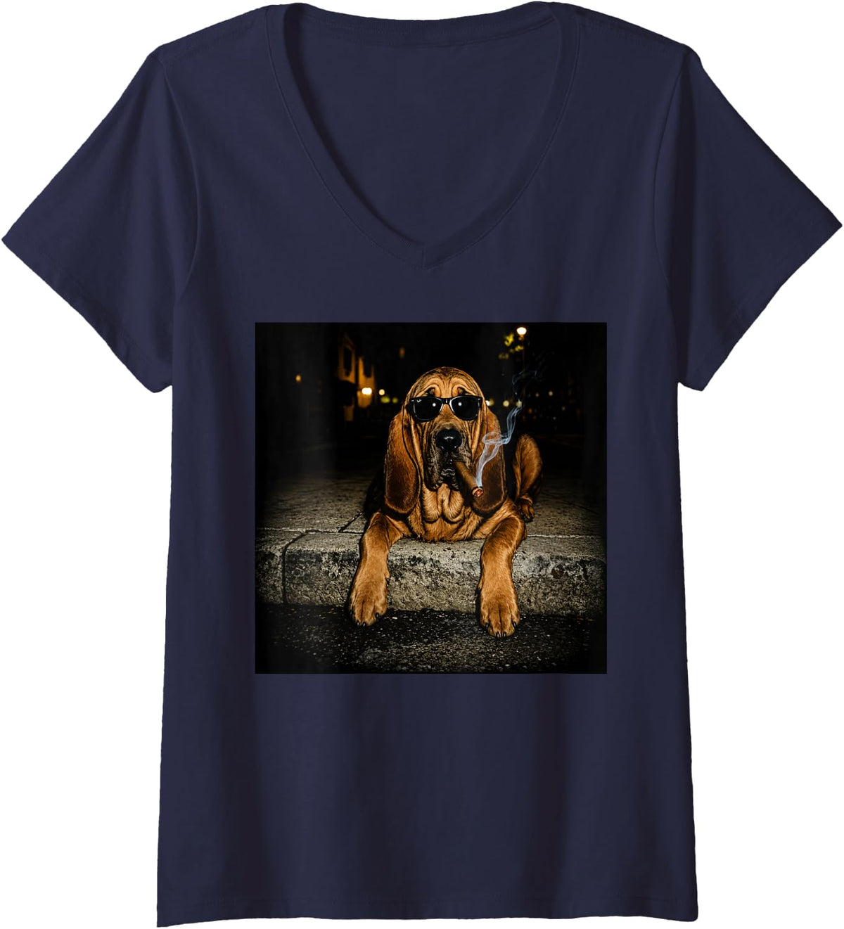 Women's Bloodhound Dog Smoking Cigar Cool Sunglasses Design V-Neck T-Shirt - Navy Blue