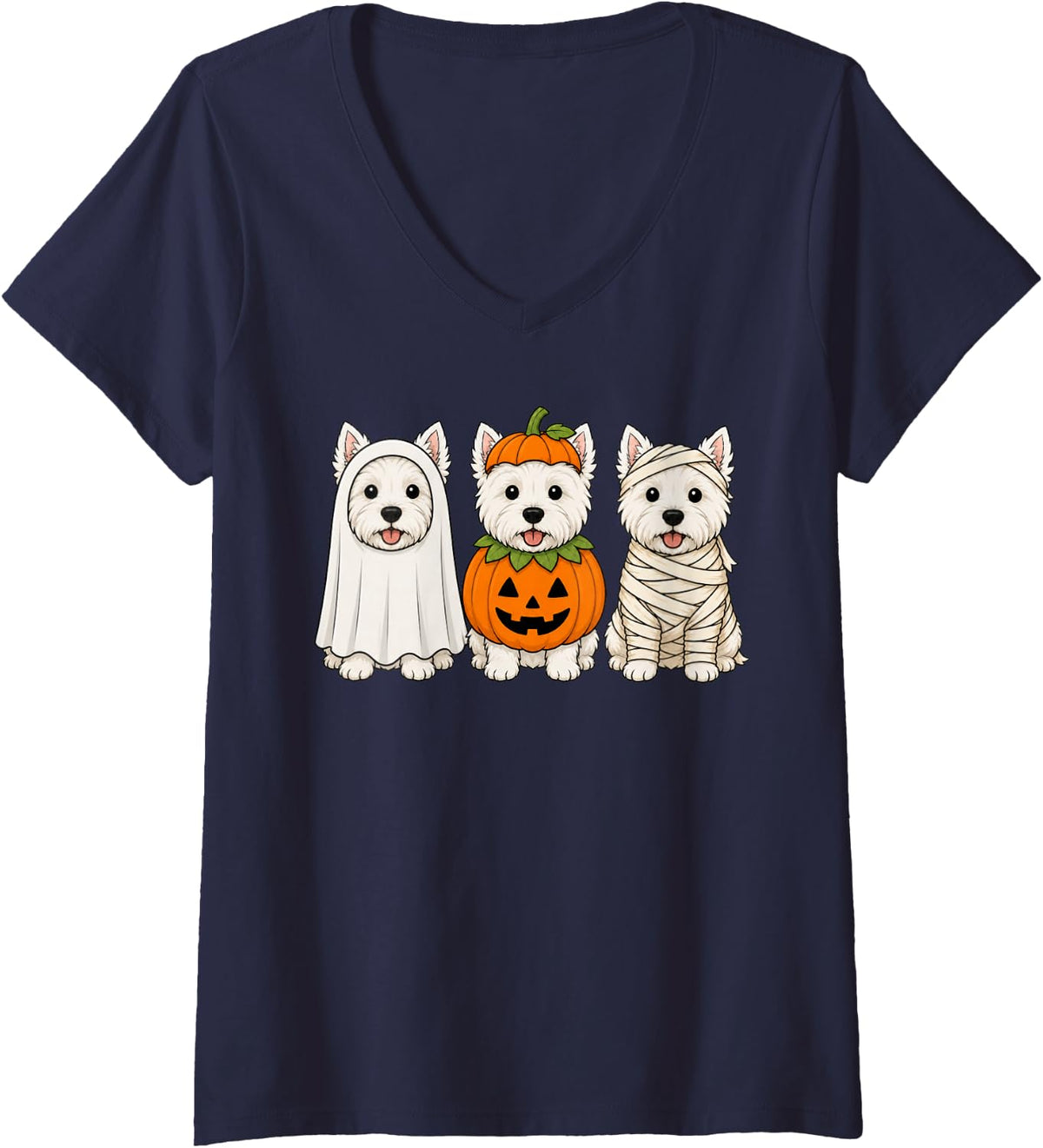 Women's Spooky Westie Pumpkin Ghost Halloween Dog Lover V-Neck T-Shirt - Navy Blue