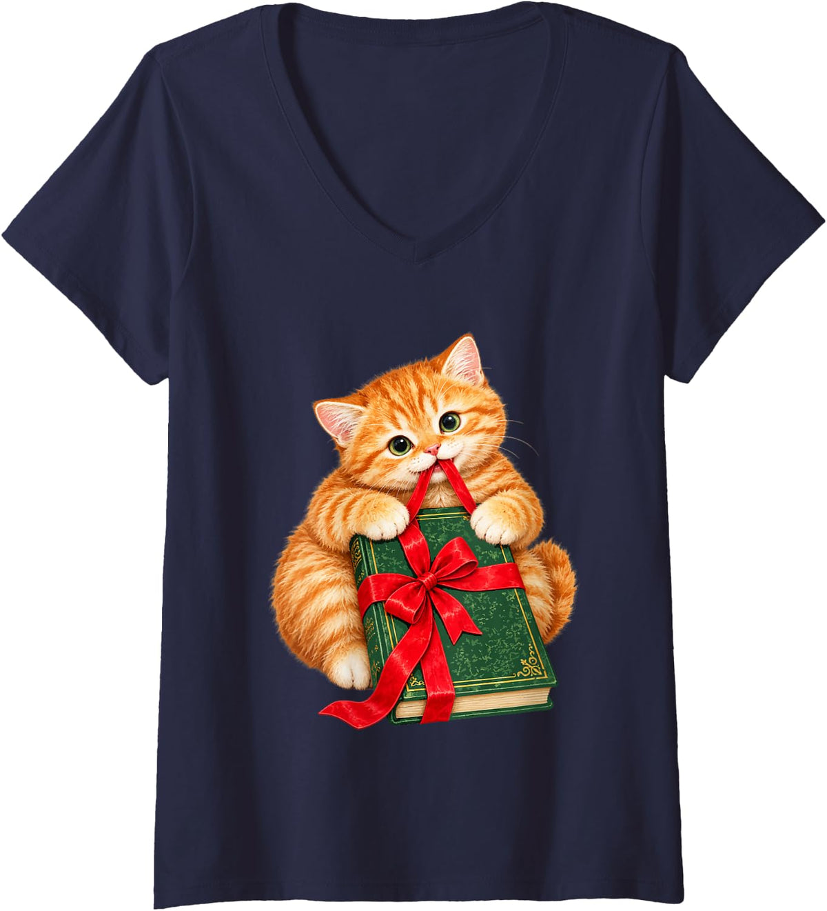 Women's Cute Christmas Orange Tabby Cat Book Lover Ginger Kitten V-Neck T-Shirt - Navy Blue