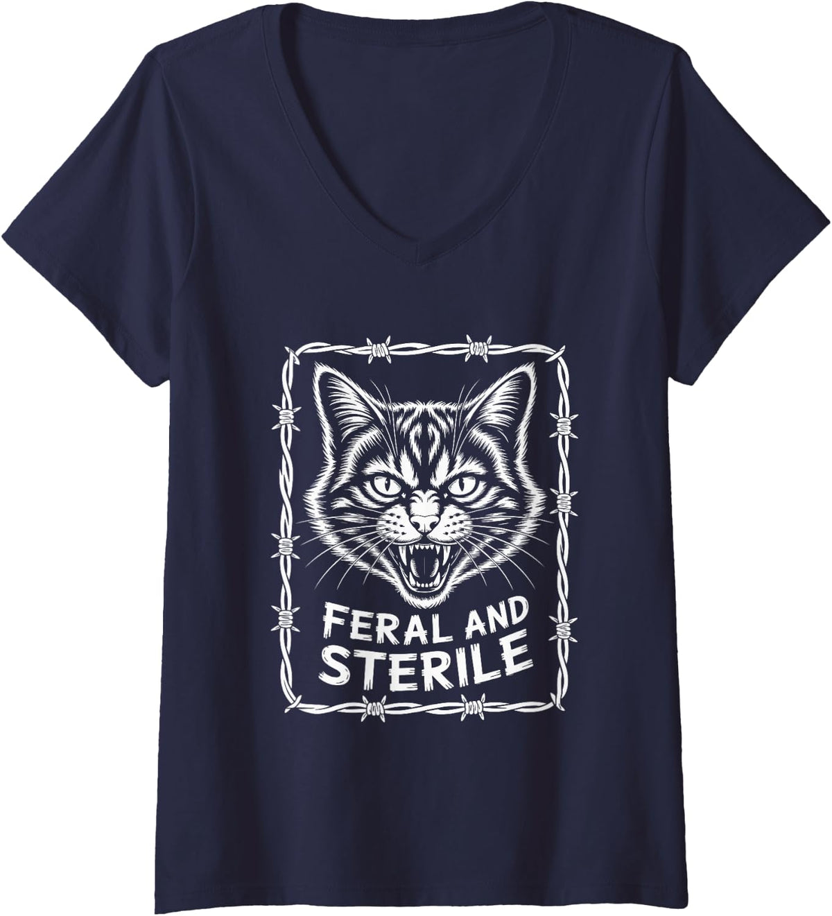 Women's Feral & Sterile Cat TNR Advocate Wild Feline V-Neck T-Shirt - Navy Blue