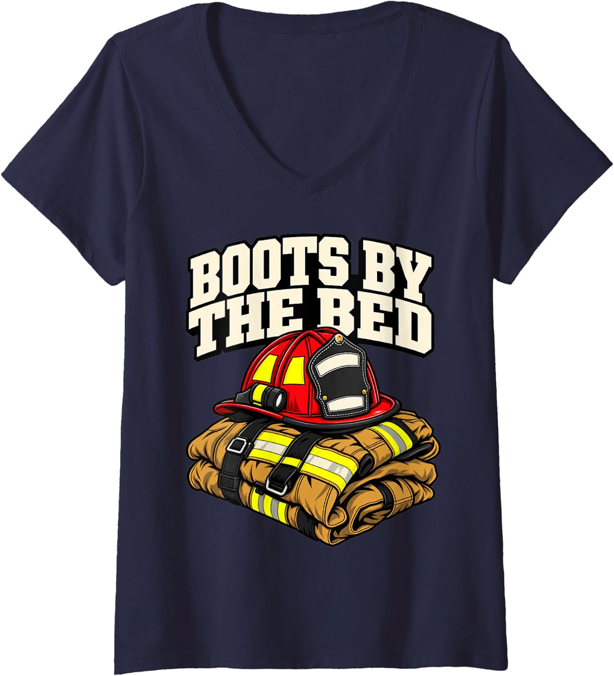 Women's Volunteer Firefighter Boots By The Bed Helmet Rescue Fans V-Neck T-Shirt - Navy Blue
