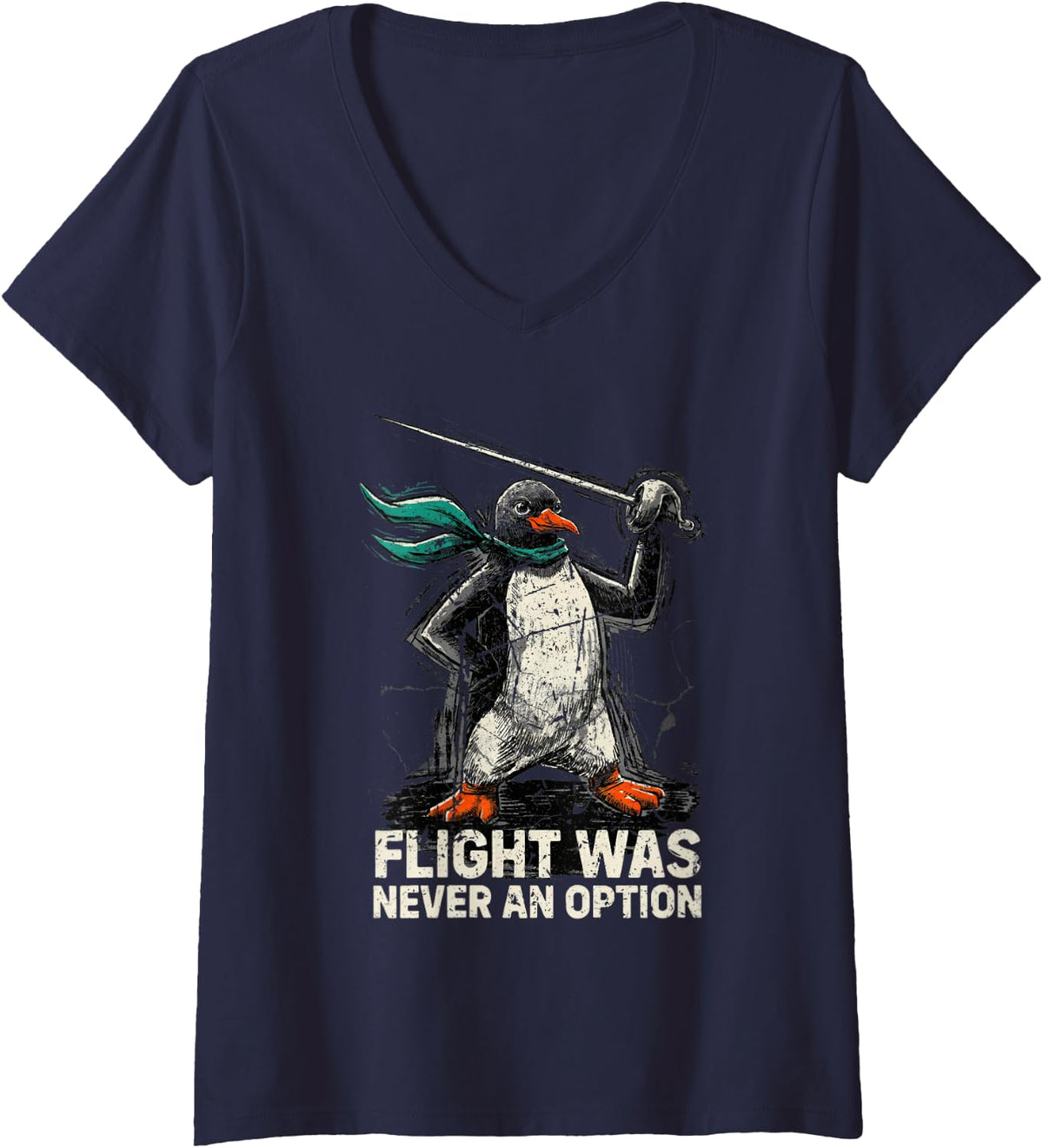 Women's Flight was Never an Option Penguin Fencing Meme Distressed V-Neck T-Shirt - Navy Blue