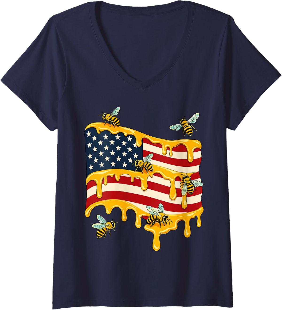 Women's American Beekeeper Honey Beekeeping USA Apiary V-Neck T-Shirt - Navy Blue