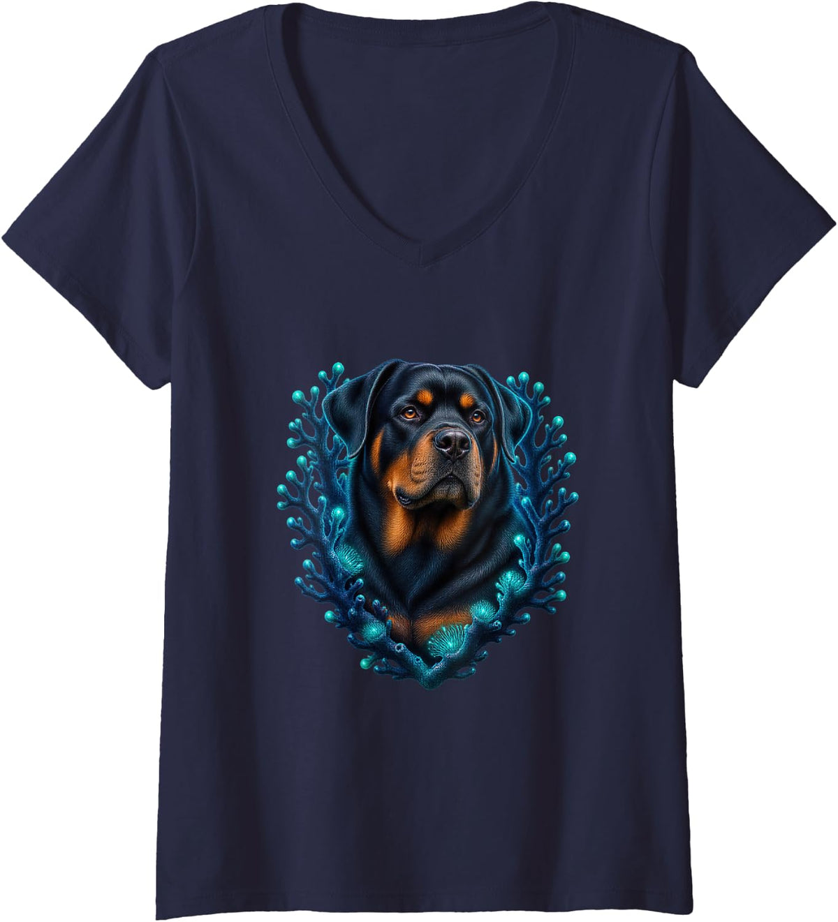 Women's Rottweiler with Teal Coral Branches V-Neck T-Shirt - Navy Blue