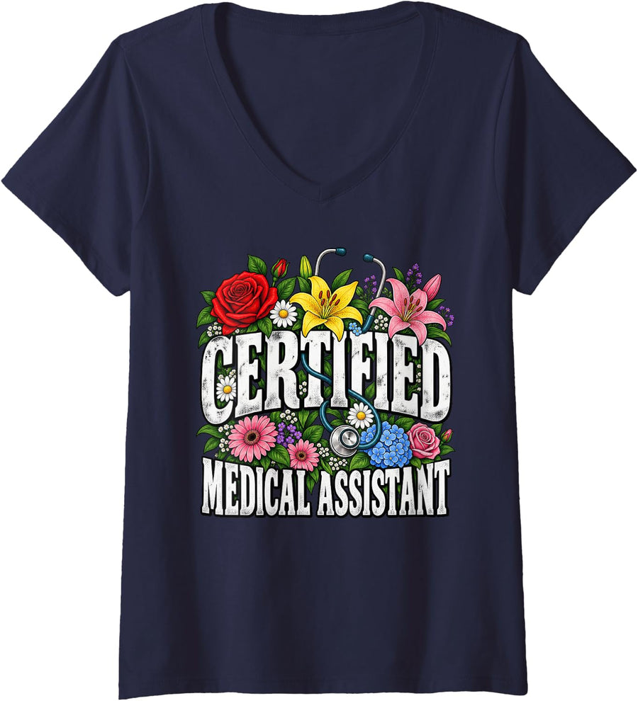 Women's Certified Medical Assistant Floral Stethoscope V-Neck T-Shirt - Navy Blue