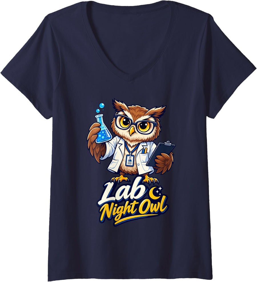 Women's Lab Night Owl Scientist Chemistry Teacher Science Lover V-Neck T-Shirt - Navy Blue